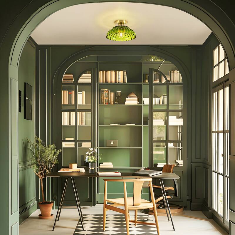 1-Light Vintage Brass Finish Metal Semi-Flush Mount Ceiling Light with Amber/Green/Grey/Clear Glass Shade for Kitchen, Hallway