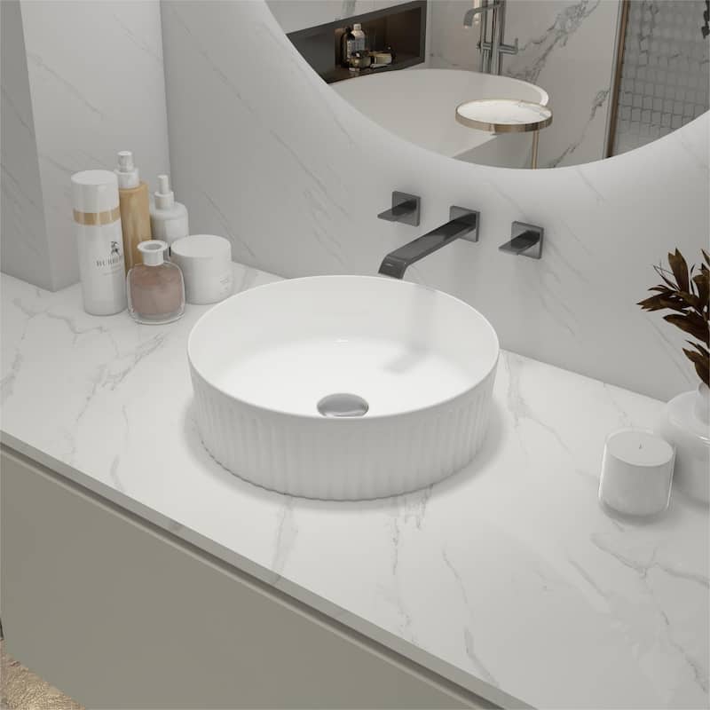 Ceramic Circular Vessel Bathroom Sink Art Sink - White Line