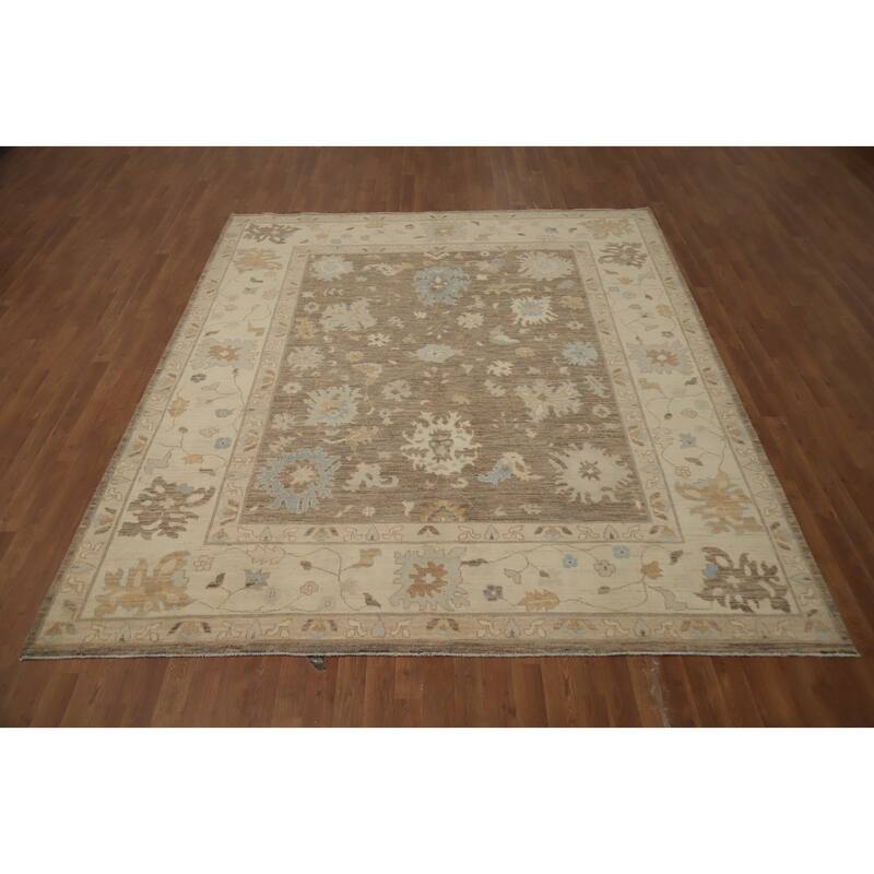 Hand Knotted Oriental 100% Wool Carpet Transitional All-Over Brown Oushak Area Rug - 9' 7'' X 8' 1''