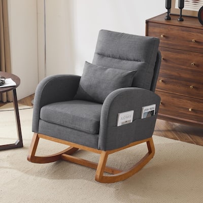 High Back Linen Rocking Chair with Lumbar Pillow Ergonomic Padded Armrests Solid Wood Frame Comfortable Indoor Rocker