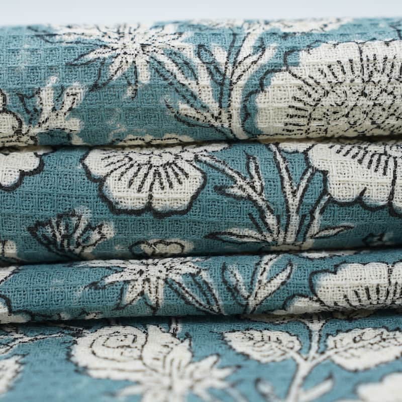 Fabdivine Honeycomb or Waffle Weave Hand Block Floral Print Hand Towel, Kitchen Gift Use