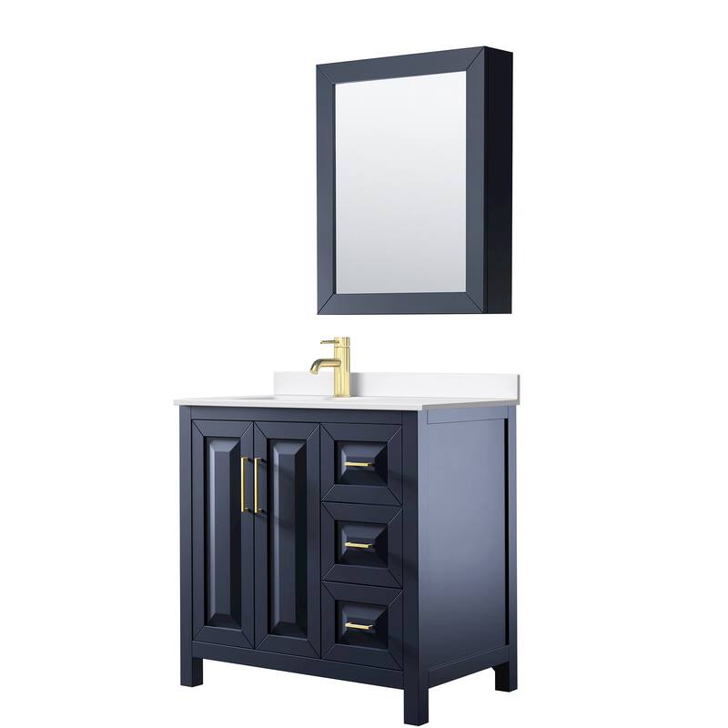 Wyndham Collection WCV252536S-QTZ-UNSMED Daria 36" Free Standing - Dark Blue / White Quartz Top / Brushed Gold