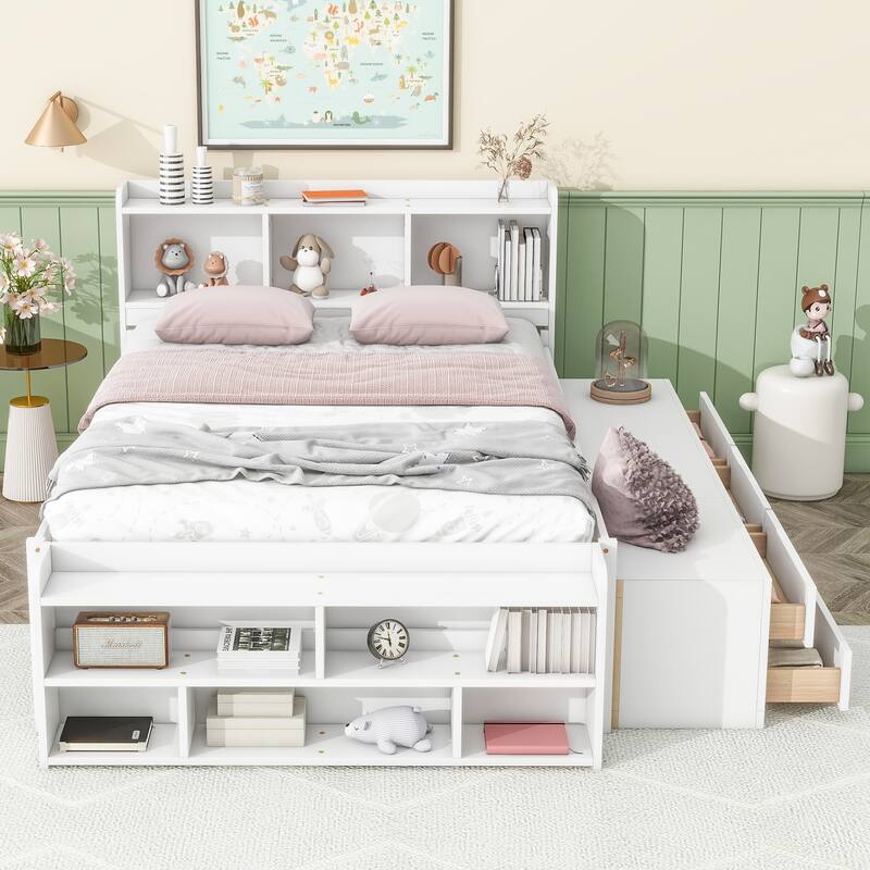 Full Bed with Bookcase Headboard, Under bed Storage Drawers and Bed End Storage Case for Small Space, Living Room, Apartment