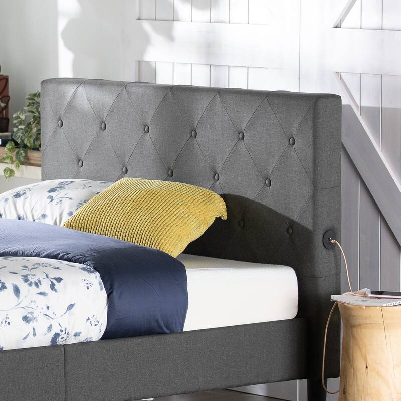 Priage by ZINUS Dark Grey Upholstered Diamond Stitched Platform Bed Frame with USB Ports