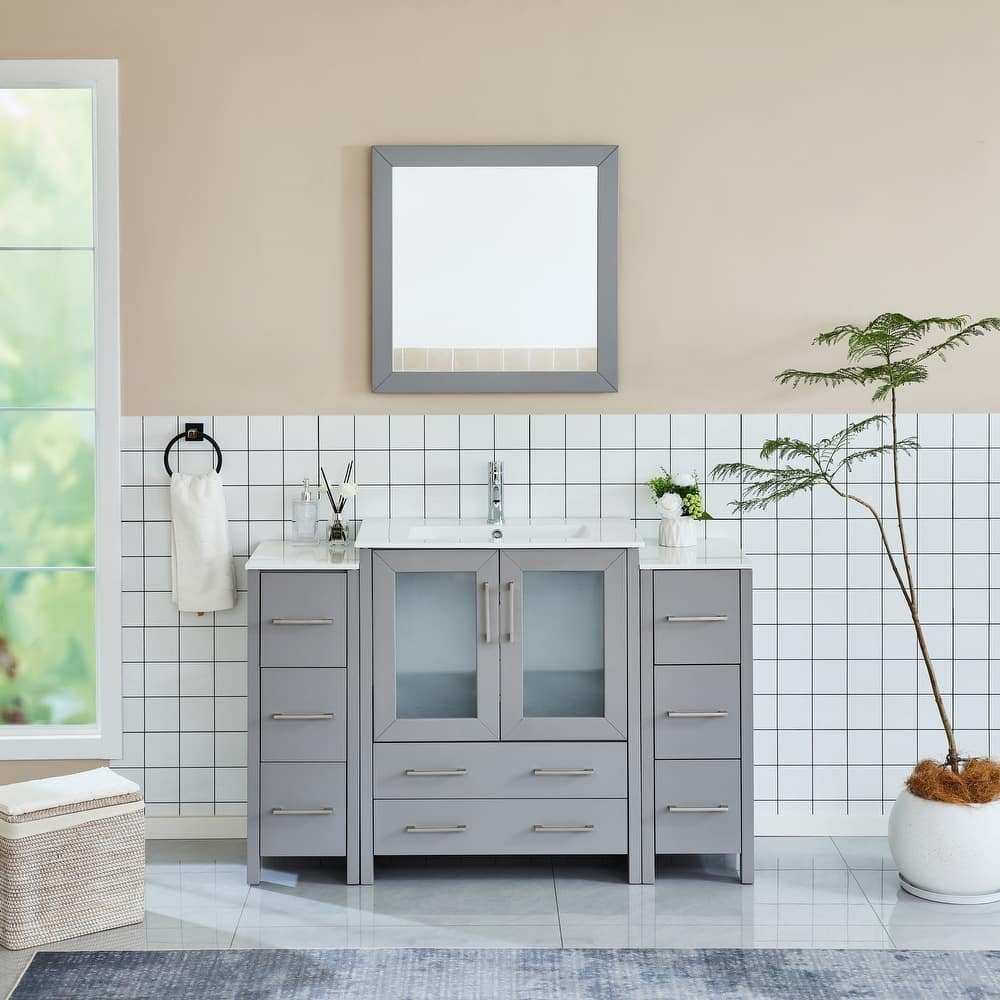 Vanity Art 54 Inch Single Sink Bathroom Vanity Set 8 Dove-Tailed Drawers 3 Cabinets 1 Shelf, Soft-Closing Doors with Free Mirror
