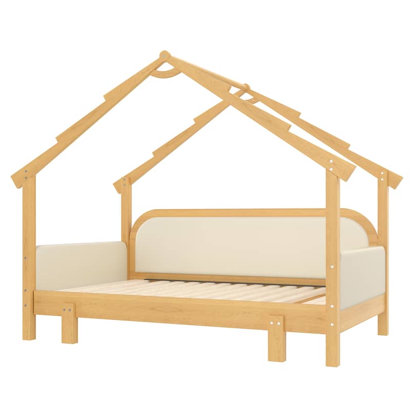 Twin Wood Treehouse Bed with Soft Cushion Rails for Kids & Teens