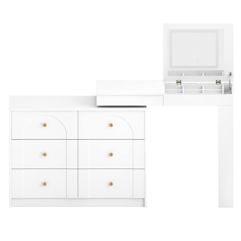 Convertible Vanity Desk with LED Lights, 7 Drawers, and 9 Compartments