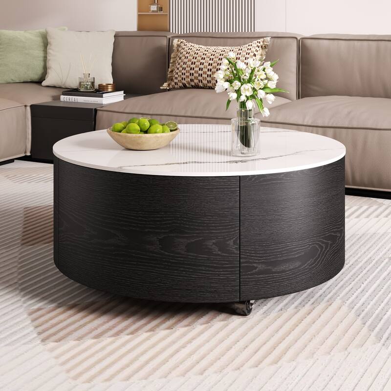 Contemporary Round Coffee Table with Lockable Casters by Harper&Bright Designs - Black