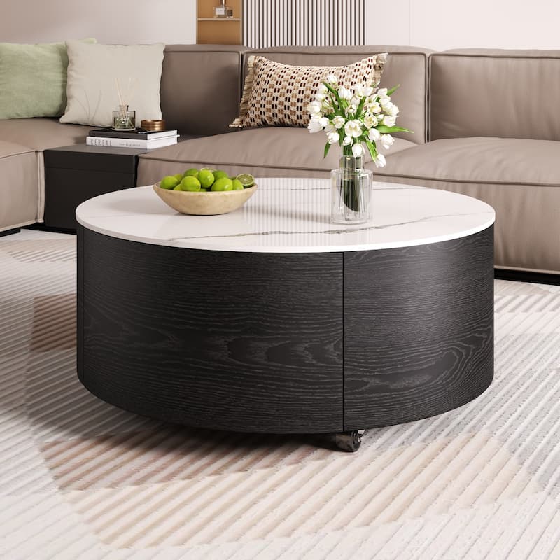 Modern Round Movable Coffee Table with Casters, 2 Drawers, Marble Pattern Sintered Stone Top, 29.5"