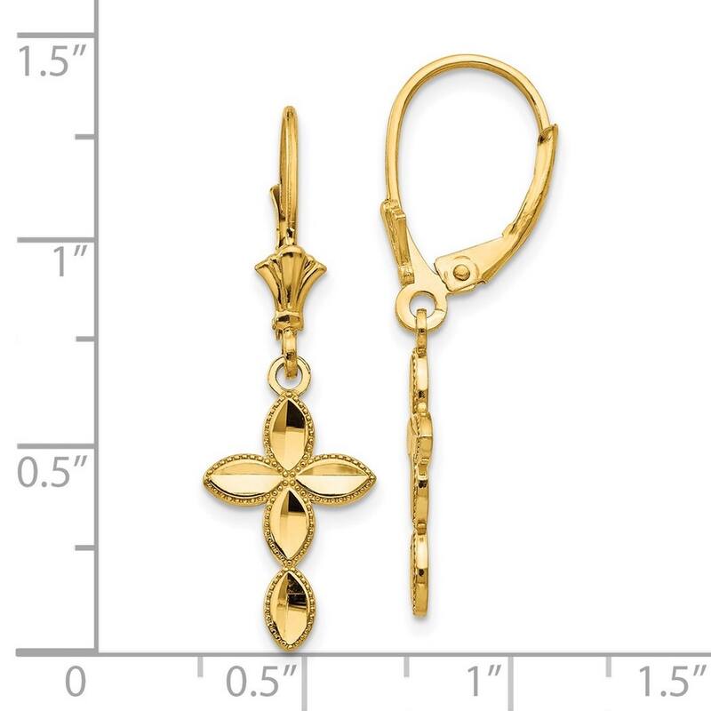 Curata 14k Yellow Gold Sparkle Cut Marquis Shaped Cross Beaded Edge Leverback Earrings - 34x10.57mm