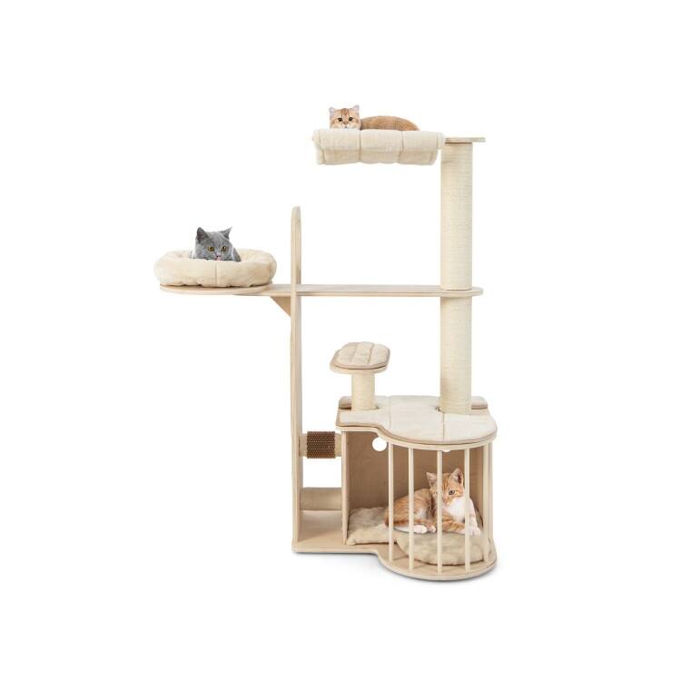55 Inch Tall Multi-Level Cat Tree with Washable Removable Cushions-Natural - natural