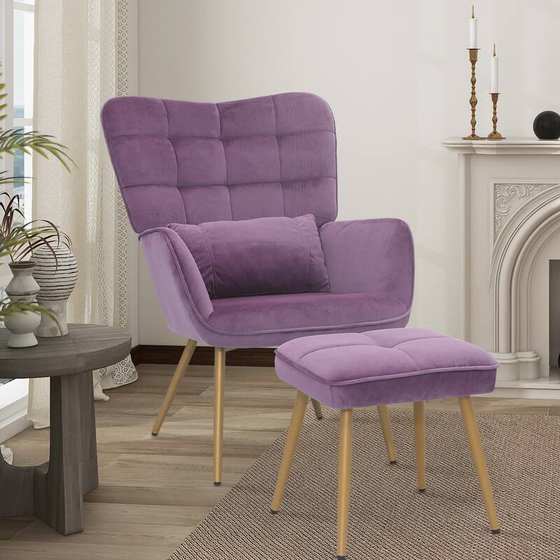Maypex Upholstered Wing back Chair with Ottoman and Toss Pillow