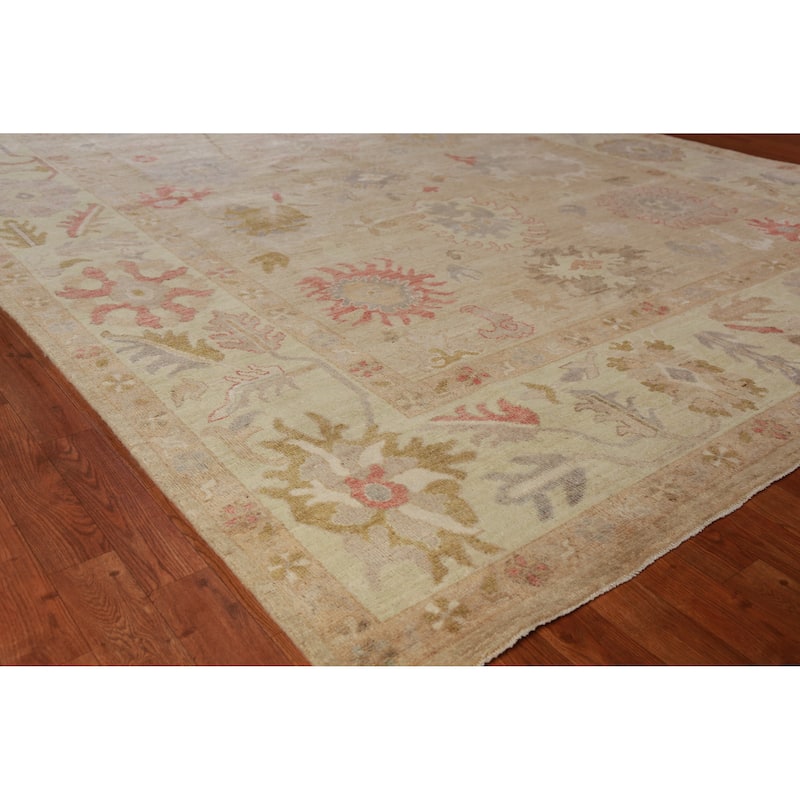 Vegetable Dye Oushak Turkish Rug Hand-Knotted Peach Floral Wool Carpet - 8'3" x 10'5" - 8'3" x 10'5" - Ivory/Beige