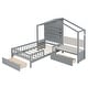 preview thumbnail 4 of 18, Versatility Twin Size House Bed with Upholstered Sofa, Wood Guardrail Bed with Shelves and Two Drawers, Charging Station Design