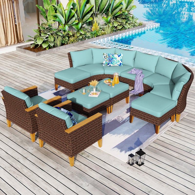 12-Seat Outdoor Wicker Half-Round Furniture Set, Half-Moon Sectional Sofa All Weather Curved Conversation Set - 11-Seat - Type O