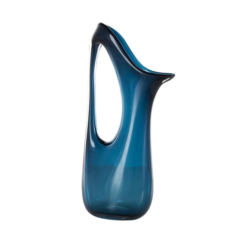 Blue Glass Abstract Vase with Cutout Handle and Elongated Opening