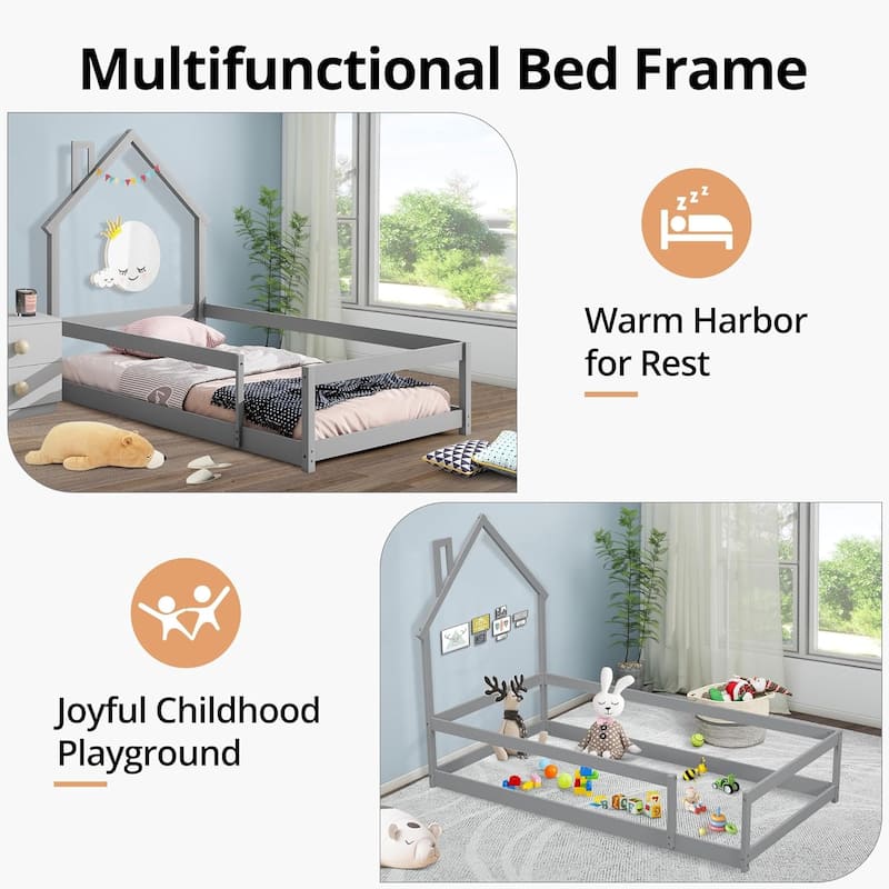 Twin Size House-Shaped Headboard Floor Bed with Fences