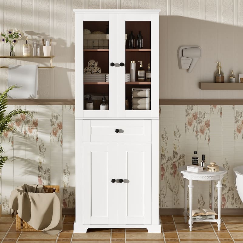 67.2" Tall Bathroom Storage Cabinet - Tempered Glass Doors, Adjustable Shelves & Drawer, Soft-Close Linen Tower - White