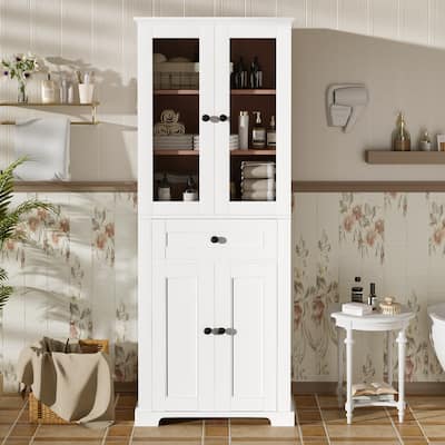 67.2" Tall Bathroom Storage Cabinet With Tempered Glass Doors, Adjustable Shelves & Drawer,Soft-Close Design