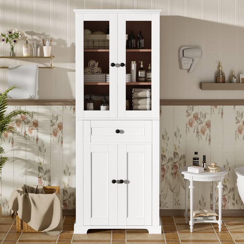 67.2"Tall Bathroom Storage Cabinet with Glass Doors, Adjustable Shelves & Drawer -Freestanding Linen Tower, Soft-Close Design - White