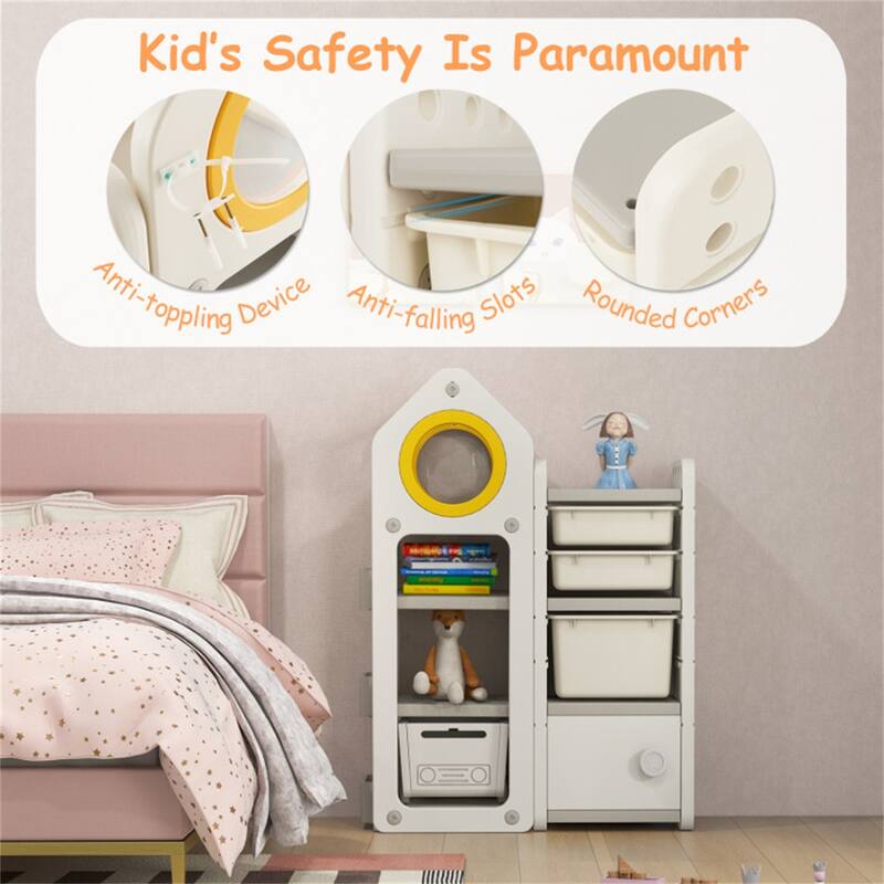 Beige Toy Organizer with Mobile Trolley and 3 Bookshelves Cabinet Large and Small Storage Bins - 34" x 15" x 47"