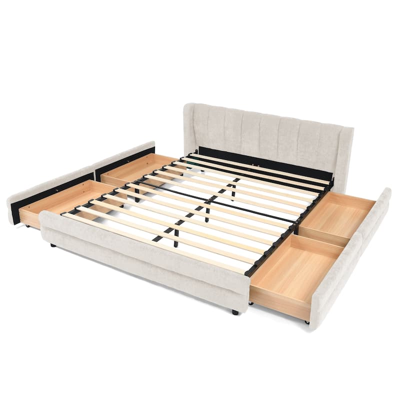 Thick Fabric Upholstered Bed Frame, Low Profile Storage Platform Bed with 4 Storage Drawers, Metal Legs and Wood Slat Support