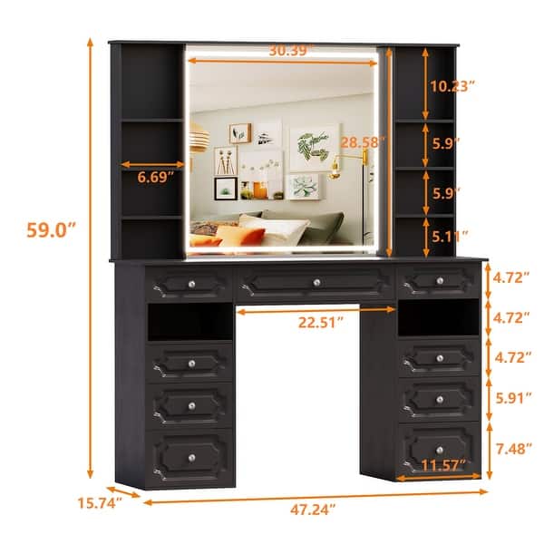 dimension image slide 2 of 4, White/ Black Makeup Vanity with Lighted Mirror,Extra Large Vanity Desk with 9 Drawers,European Style Vanities