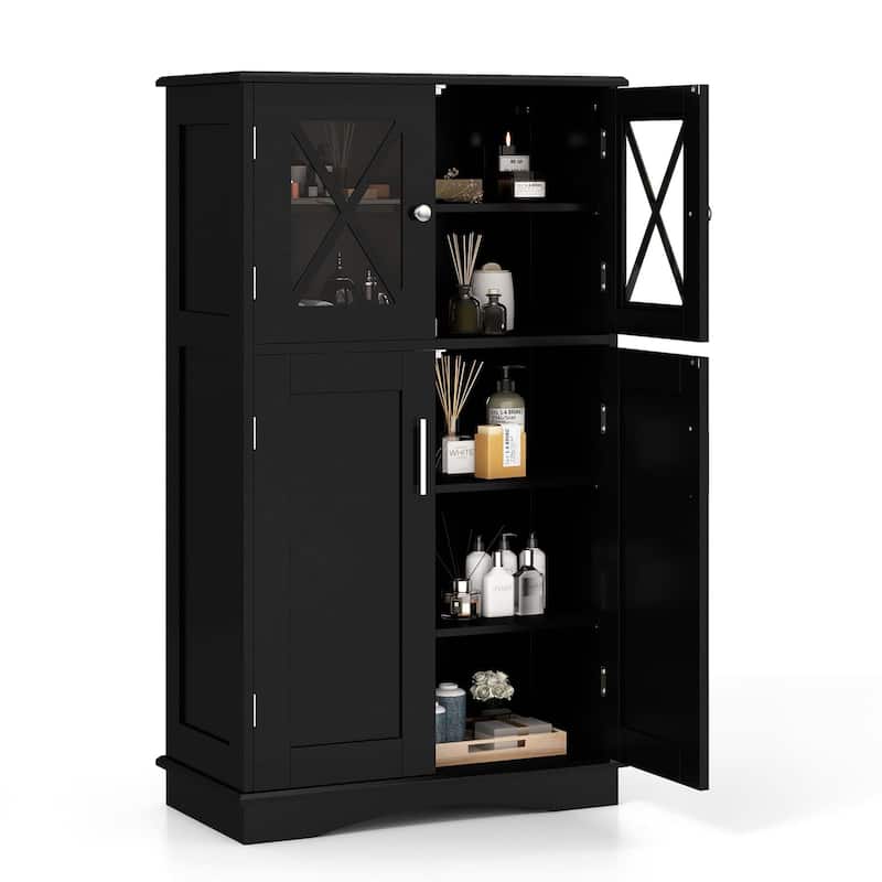 Bathroom Storage Cabinet with Doors and Adjustable Shelves - Black