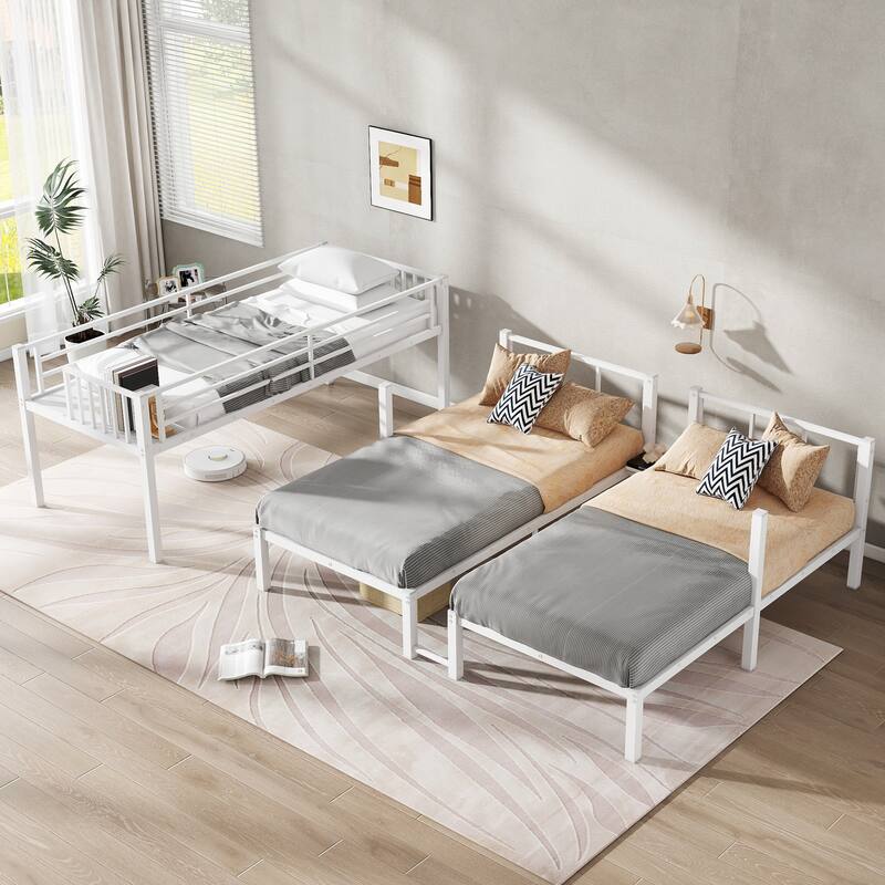 Triple Twin Metal Detachable L-Shape Bunk Bed with Guardrails, Twin XL Convertible Shelf and Under-Bed Table