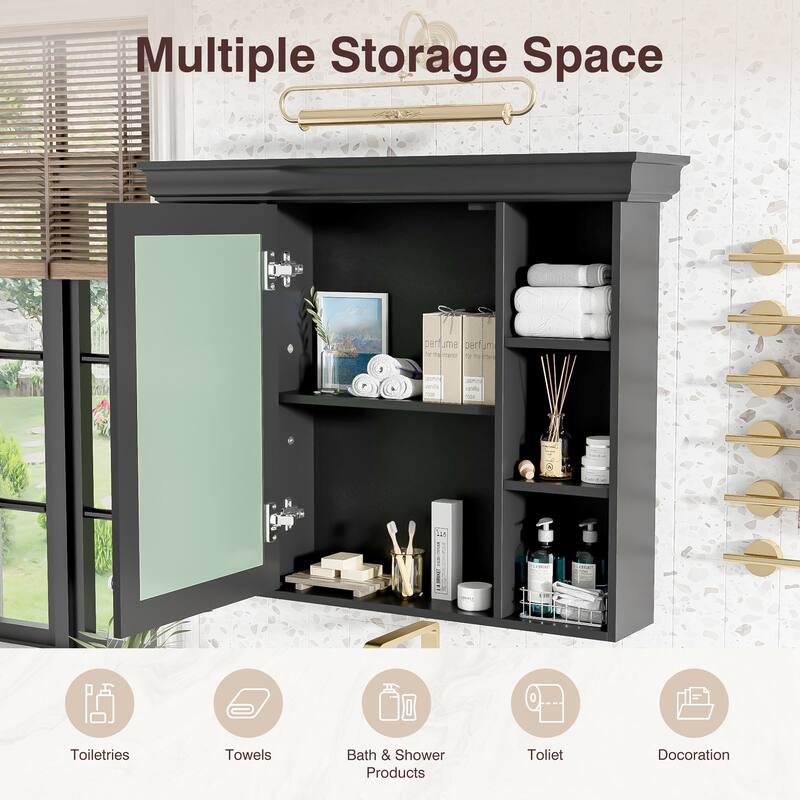 Modern Medicine Cabinet Wall Mounted Storage Cabinet with High Definition Mirror, Open Compartments and Adjustable Shelving