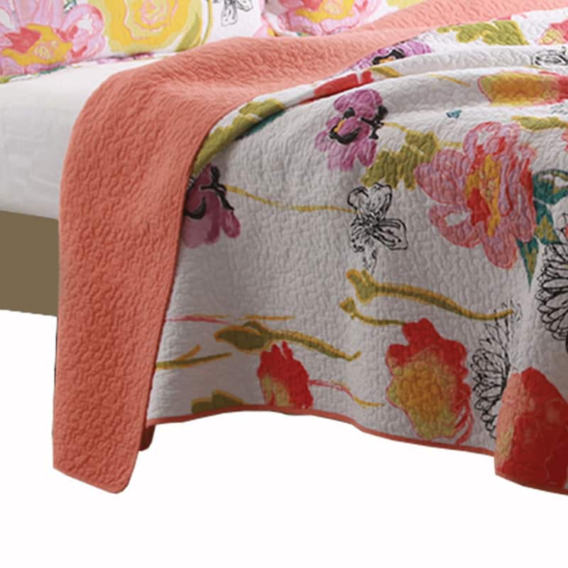 3 Piece Cotton King Size Quilt Set with Stencil Flower Print, Multicolor