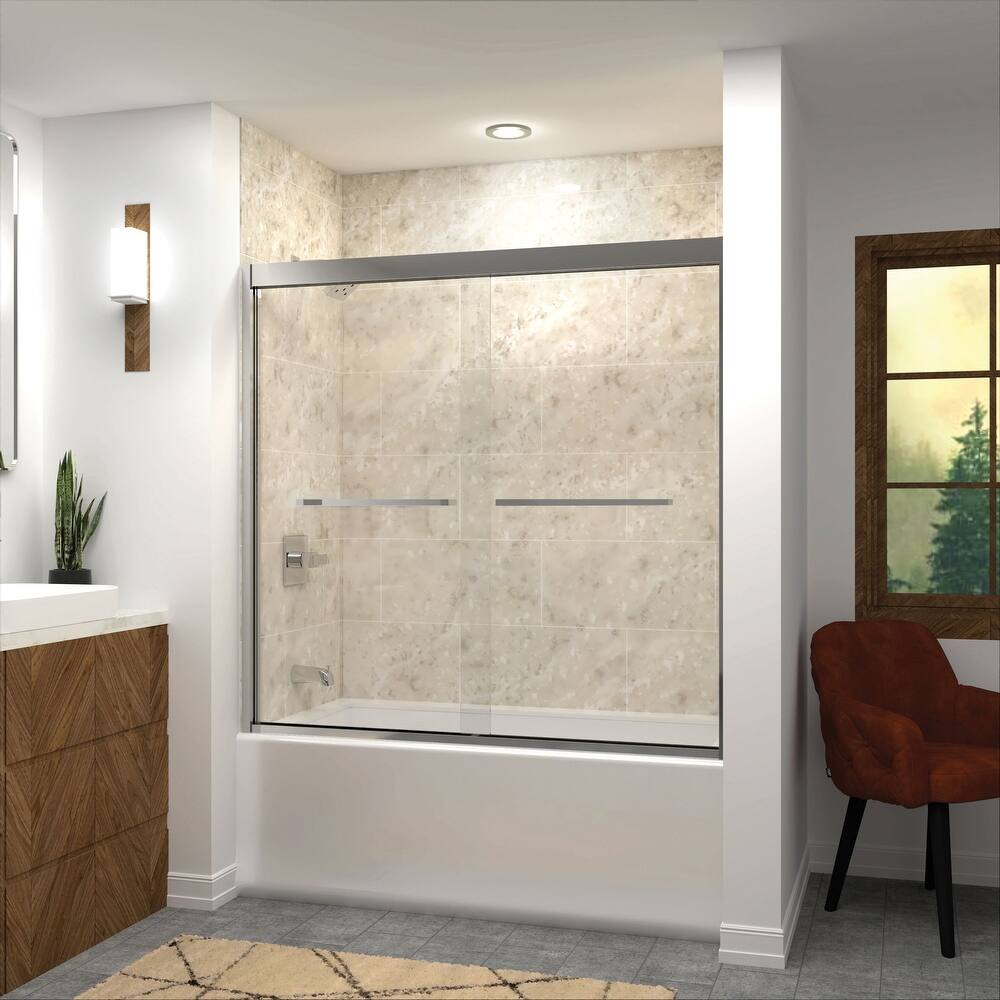 Frederick 59 in. W x 58 in. H Sliding Semi-Frameless Shower Door in Brushed Nickel with Clear Glass - 60 x 58 - 60 x 58