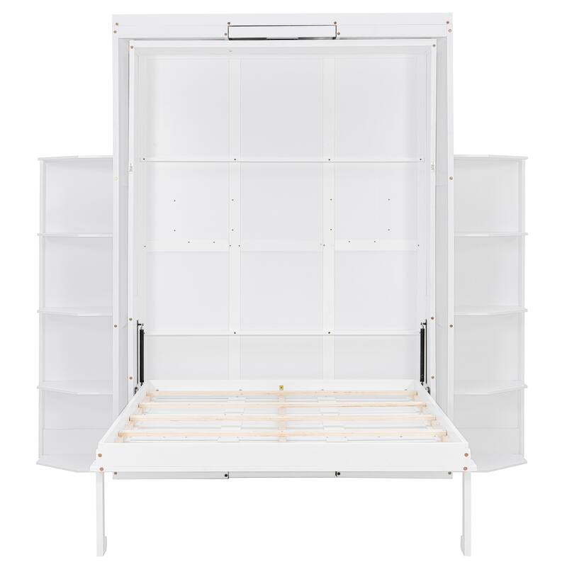 Rotating Queen Size Murphy Bed Foldable Bed Frame with Hidden Wall Cabinet, Side Shelves, Convertible Desk and Bookshelves