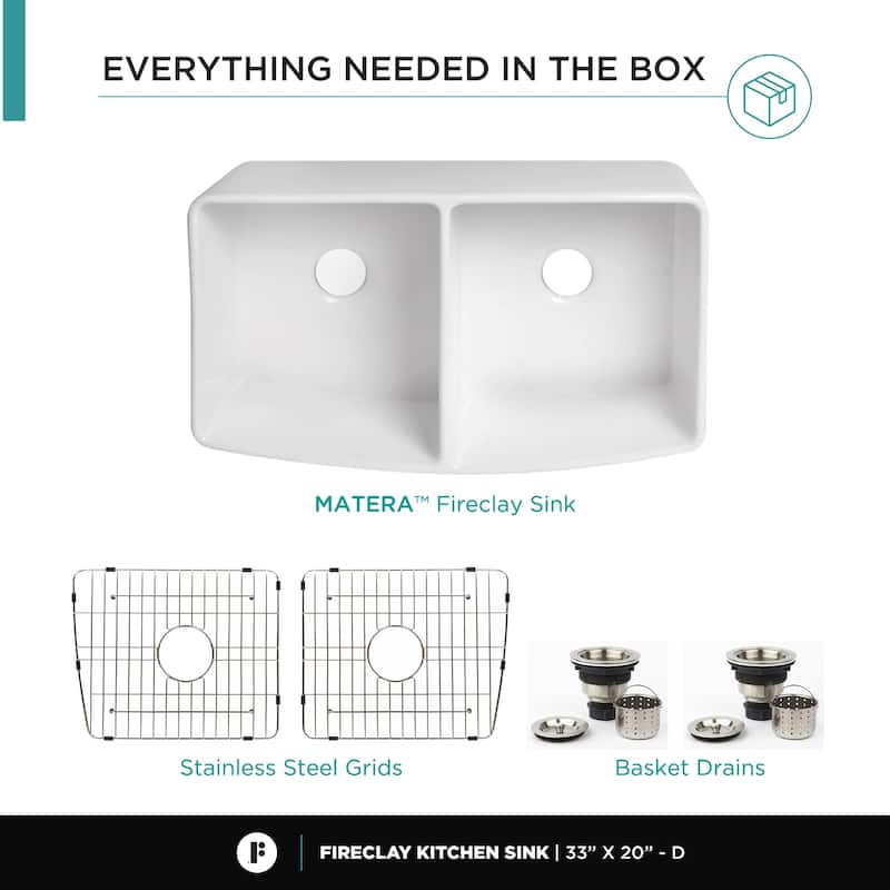 Premium White Fireclay Curved Apron Front Kitchen Sink for Home, Farmhouse (Grid & Strainer Included)