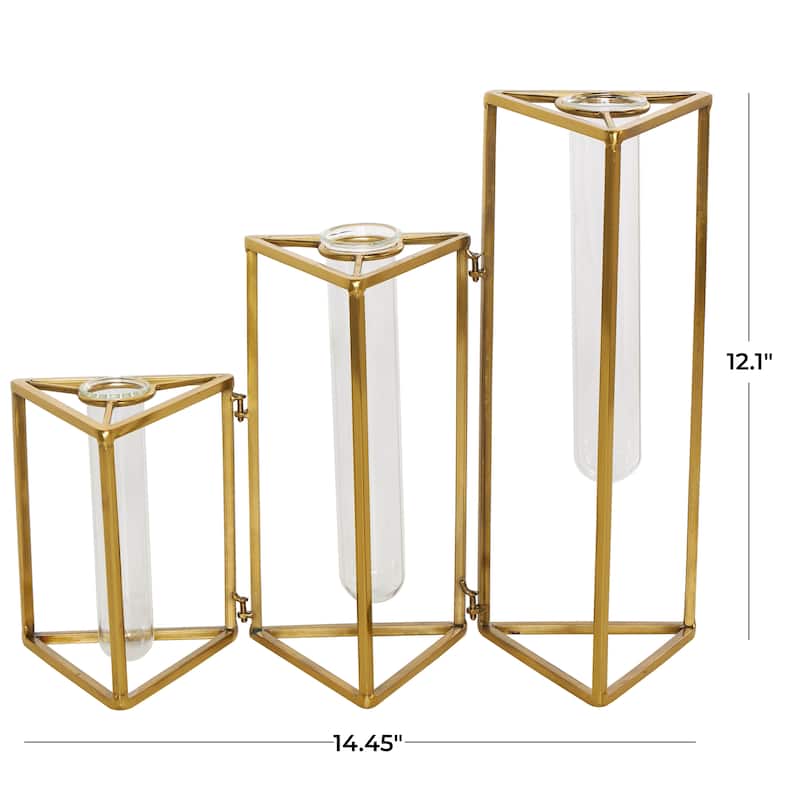 Stainless Steel Metal Foldable Test Tube Bud Vase with Triangular Frames - Gold - Roche River Decor - 4"W x 14"L x 12"H