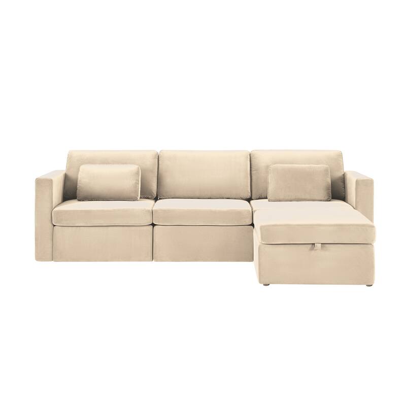 Modern Cotton Linen L-Shape Sectional Sofa, Oversized Upholstery Sectional Sofa, Chaise Couch with Storage Ottomans for Living R