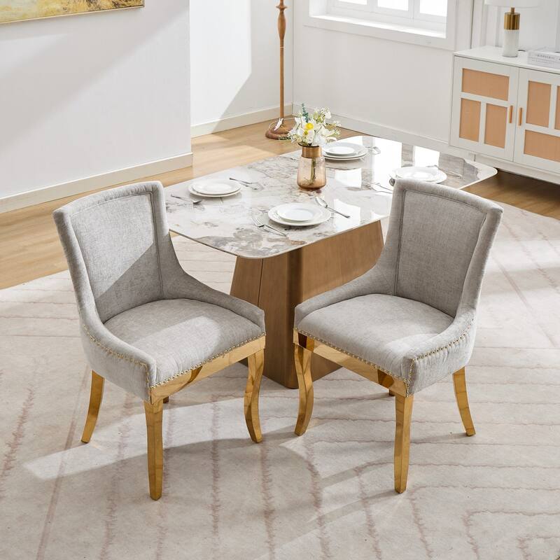 Chenille Dining Chairs, Modern Upholstered Accent Chair with Curved Gold-Plated Legs & Rivet Trim, Plush Fabric, Set of 2