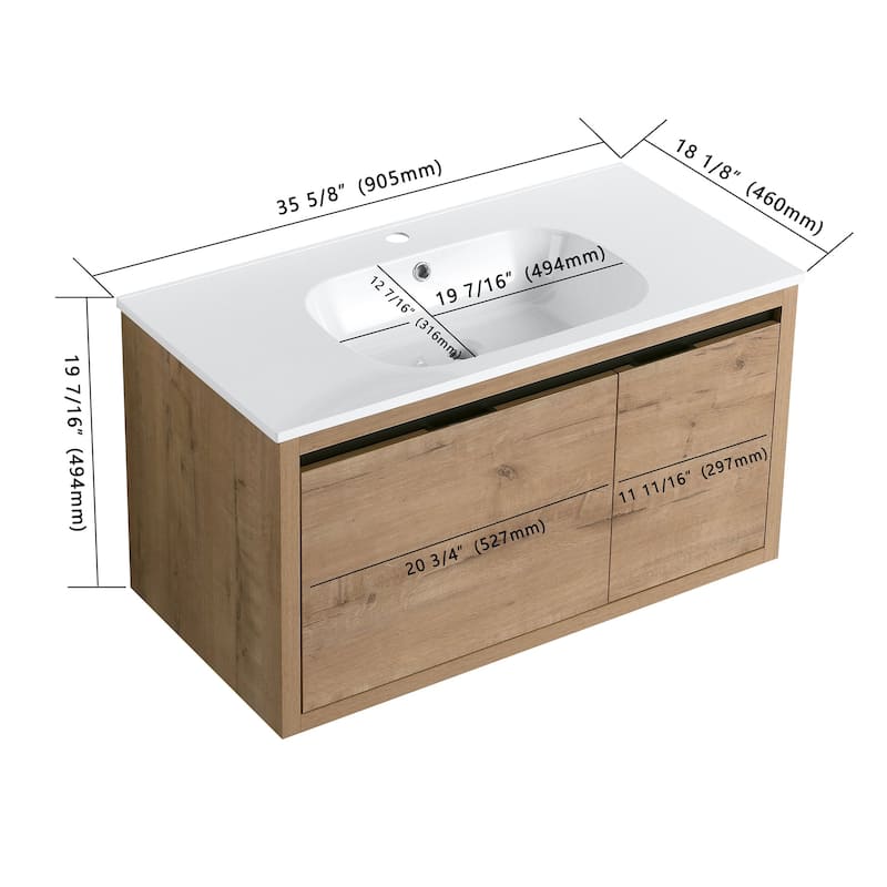 36 Inch Wall Mounted Plywood Bathroom Vanity Set with Integrated Gel Basin and Door
