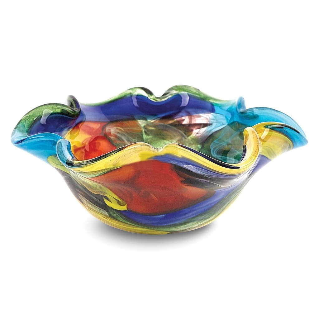 Curata Stormy Rainbow Handcrafted Murano Style Glass Wavy Bowl