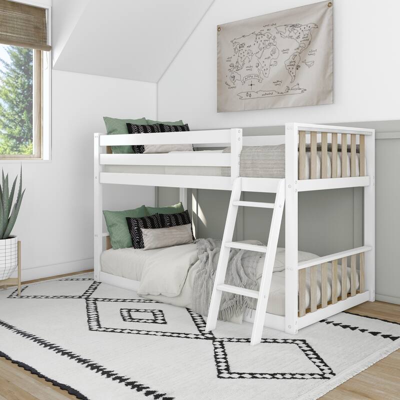 Max and Lily Scandinavian Twin over Twin Low Bunk Bed - White/Natural - Twin/Twin
