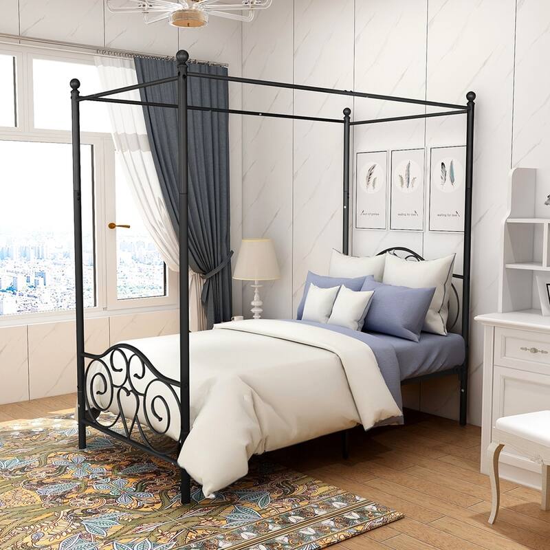 Canopy Metal Bed Frame with Vintage Style Headboard & Footboard ，Easy DIY Assembly All Parts Included
