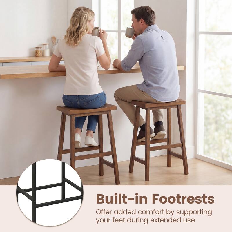 Gymax Solid Wood Saddle Bar Stools Set of 2 Backless Wooden Barstools