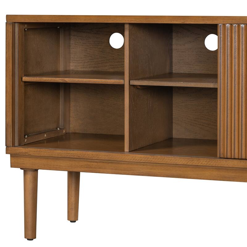 Roomfitters Stylish TV Stand with Vertical Striped Sliding Doors and Solid Wood Legs, Space-Saving TV Console or Side Cabinet