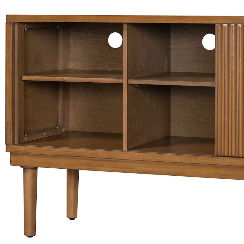 TV Stand Media Console with Fluted Door Cabinets, Solid Wood Legs