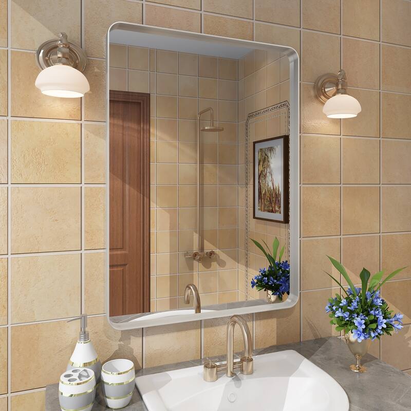 Modern Metal Frame Wall Mounted Bathroom Vanity Mirror - 30x22 - Silver