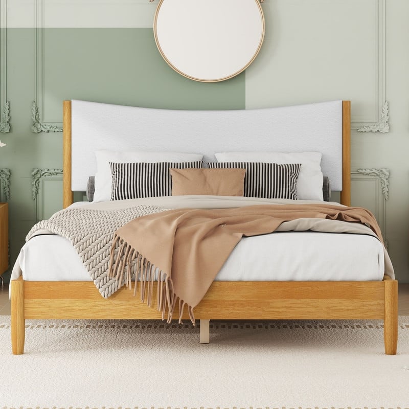 Solid Wooden Platform Bed with Boucle Upholstered Headboard，Queen Size - Natural