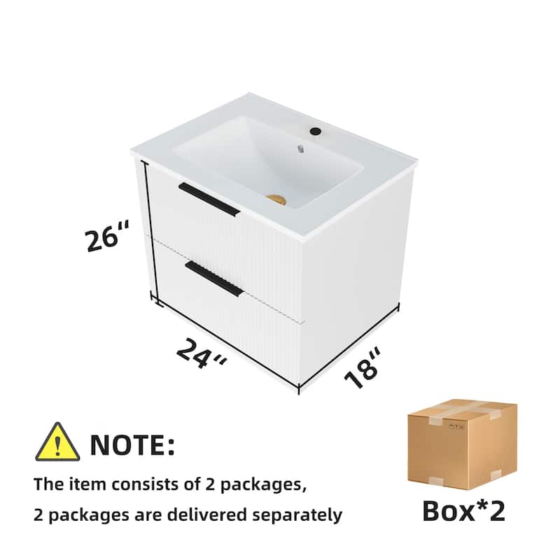 24 Inch Floating Bathroom Vanity with Ceramic Sink, Wall Mounted Modern Fluted Cabinet with 2 Drawers