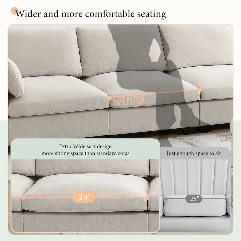 Roomfitters 130" Modular Sectional Sofa, L-Shaped Couch with Folding Table, USB Charger, Storage Pockets, Movable Ottoman