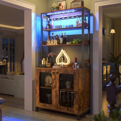 66.9'' Tall Modern Wine Cabinet Bar Cabinet with Wine Glasses Rack and LED Strip and Power Outlets