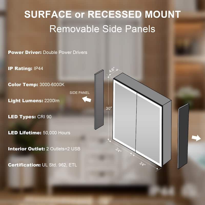 30'' H Recessed Or Surface Wall Mounted LED Mirror Cabinet With Mirror And Adjustable Shelves,Black Frame